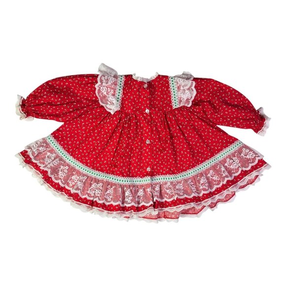 Vintage Bryan Size 12M Frilly Red Dress Lace Green Trim - Picture 4 of 11